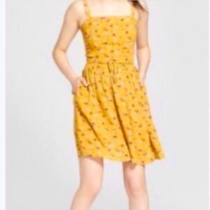 Yellow Smocked Ditsy Floral Print Sun Dress